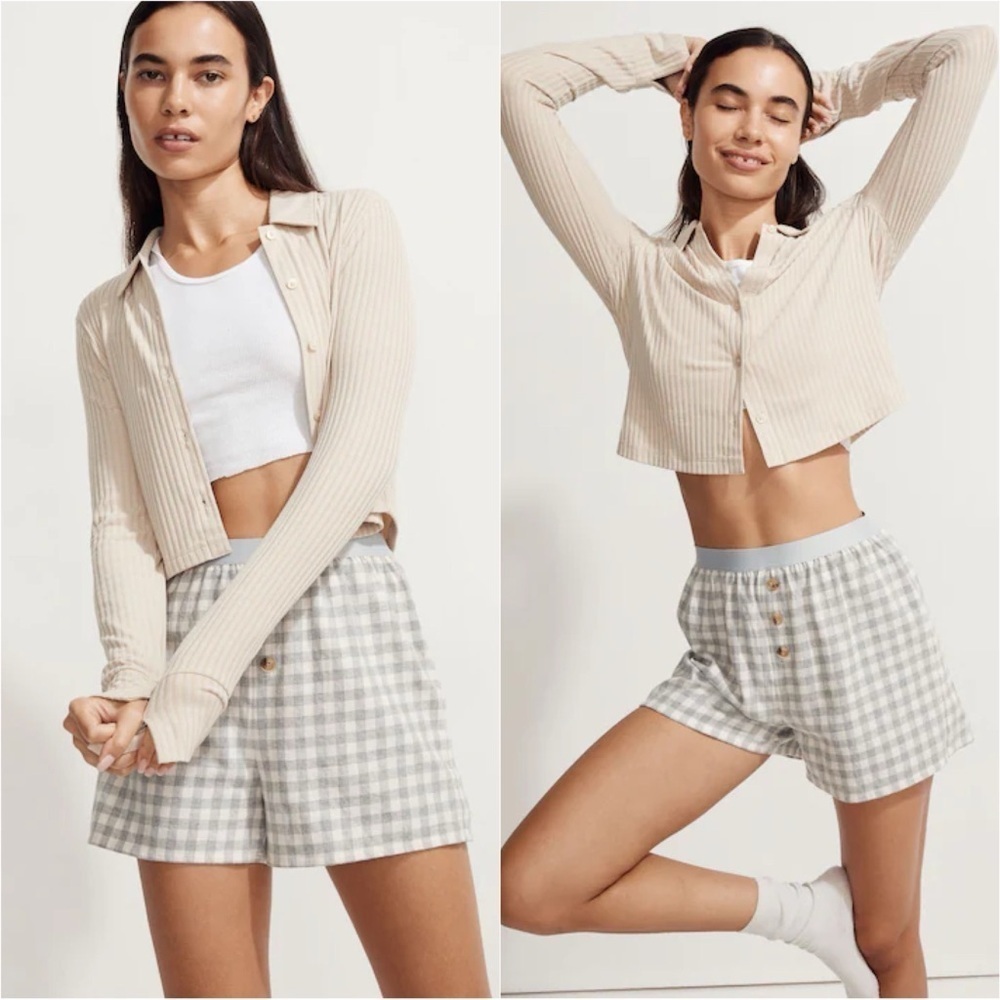 Madewell MWL Brushed Rib Cropped Cardigan Sweater Polo Collar Long Sleeve Sz S